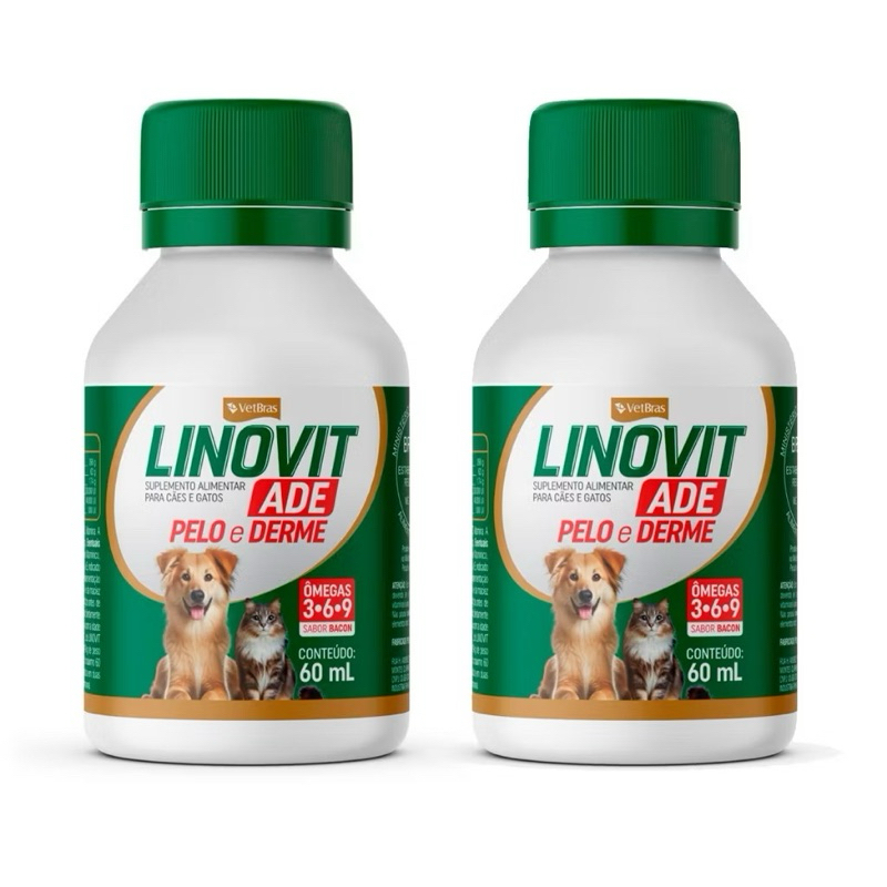 Kit C/ 2 Suplemento Vitaminico Linovit ADE Para Cães e Gatos Sabor Bacon 60ml