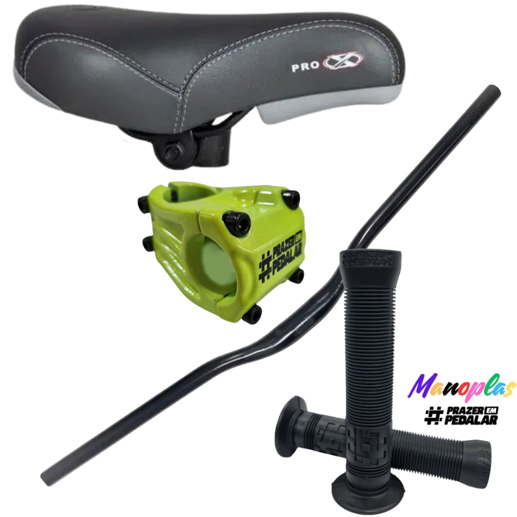 Guidao Curvo Rise Bar Wheeling + Mesa 45mm + Manoplas + Selim Compativel com Hupi naja Gios Viking Prazer Em Pedalar