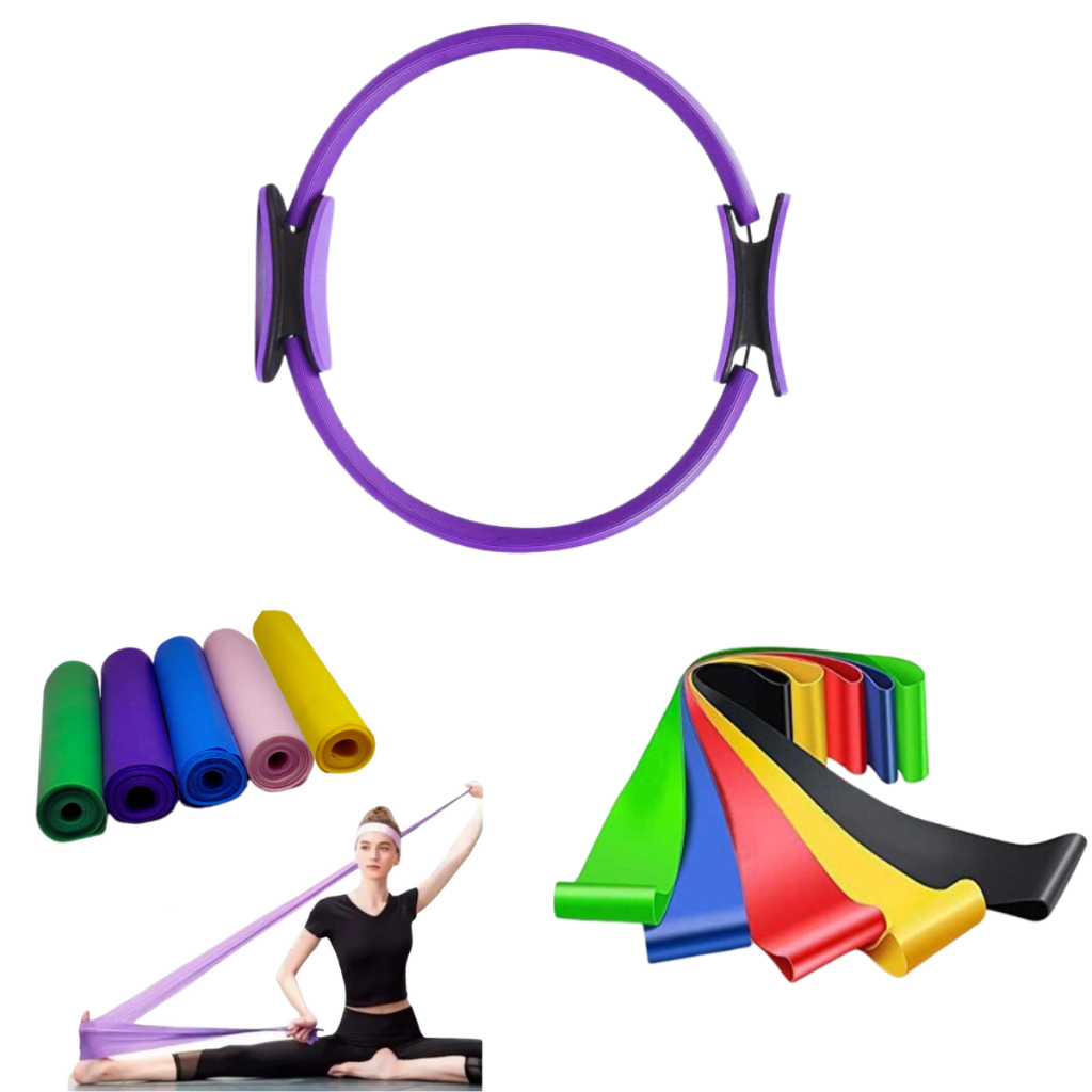 Anel Pilates + Faixa Elástica + 5 Mini Band Yoga Arco Fisio Pelvica Gestante Ioga