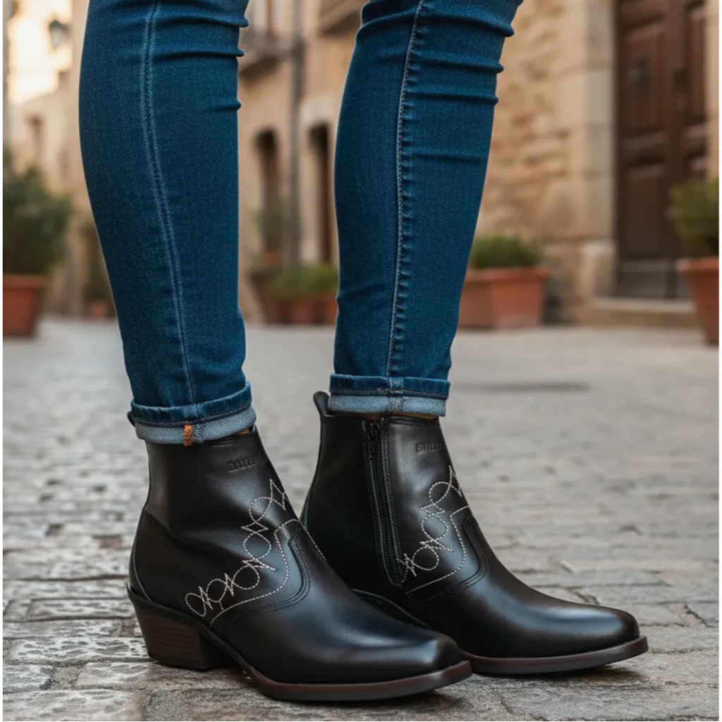 Bota Country Feminina Cor Preta Botina Montaria Cavalgada Rodeio Vaquejada Botinha Couro Legitimo Solado Costurado 3536