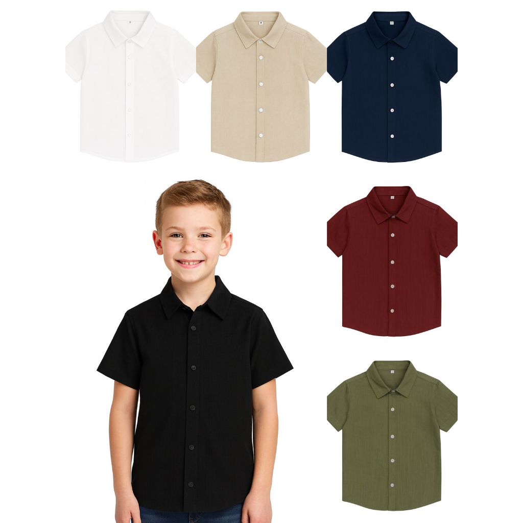 Camisa social menino infantil básica com botão manga curta viscolinho elegante verão casual em Oferta na Shopee