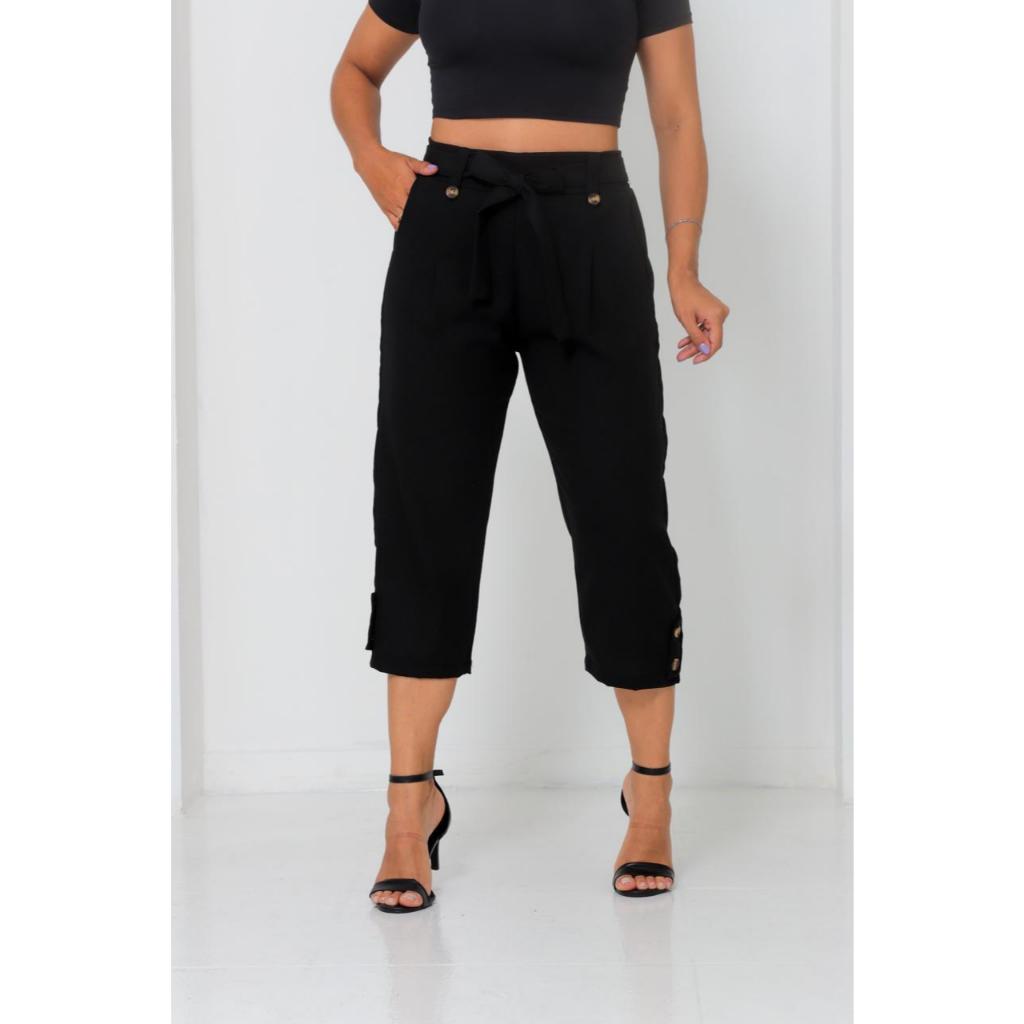 Calça capri social Feminina de Linho Elegante en costa con elástico ten forrado por dentro Botões em Oferta na Shopee