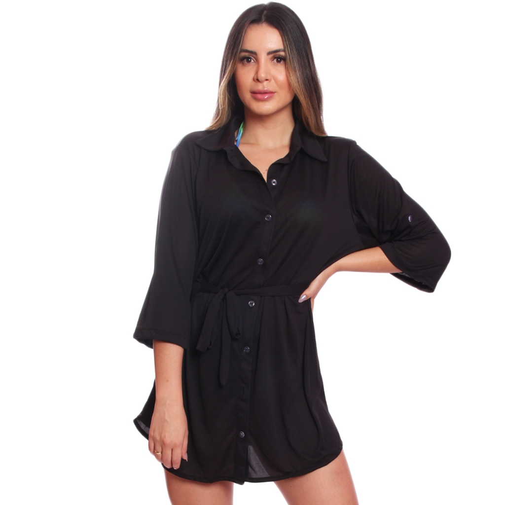 Saída Praia Piscina Chemise Camisão Feminino Cinto Botão Feminina Camisão Saída de Piscina Praia