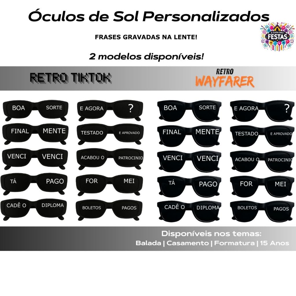 Kit 10/20/30 Óculos Temáticos Personalizados Festa Balada Casamento Formatura 15 Anos Retro TikTok
