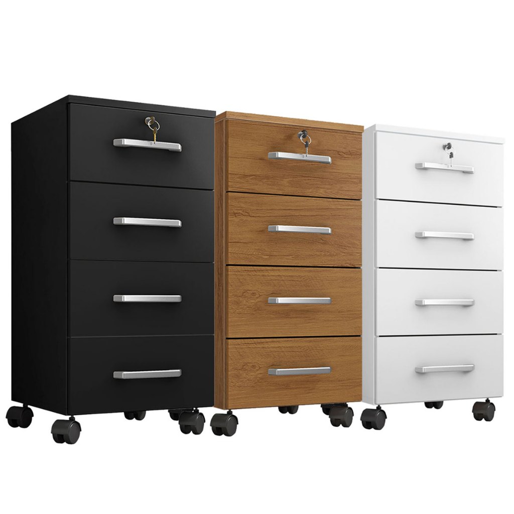 Gaveteiro para Escritório Alto 4 Gavetas 1 com Chave e Rodízios Embutidos