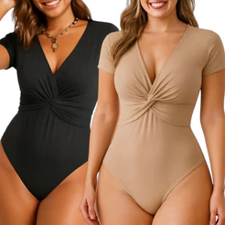 Body Feminino Suplex Decote V Transpassado Manga Curta Elegante Versátil Casual Festa SEM BOJO