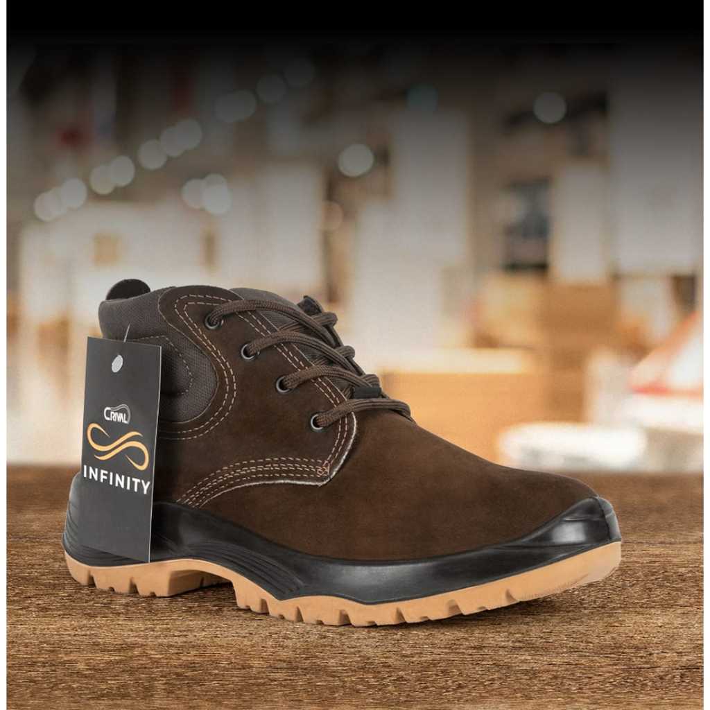 Bota Botina de Segurança Com CA Nobuck Marrom Reforçada Bico PVC Com Cadarço Cuturno Crival