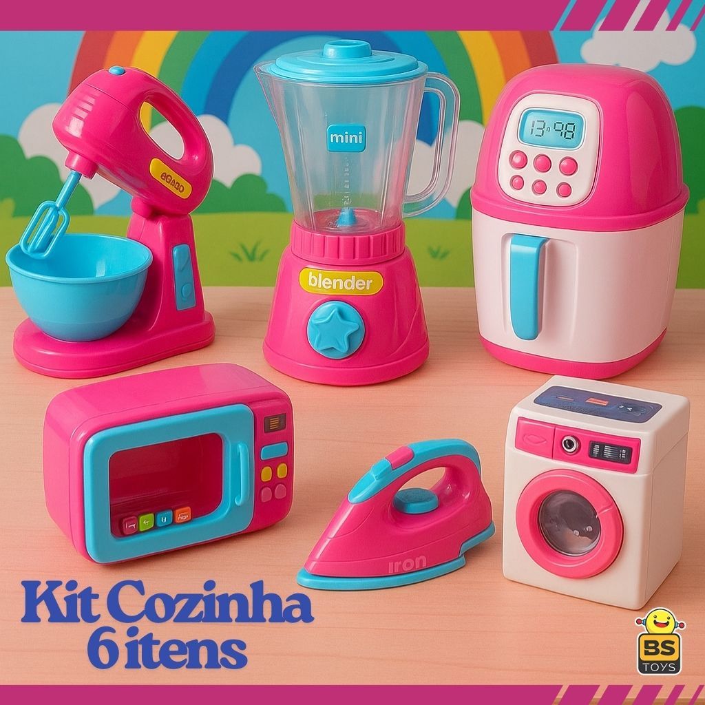 Kit Cozinha Infantil 6 Liquidificador Batedeira Ferro Microondas Air Fryer Máquina Brinquedo Menina