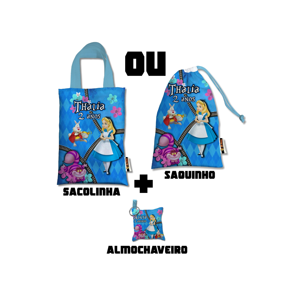 kit Saquinhos ou Sacolinhas + Almochaveiro Personalizado no tema Alice no País das Maravilhas