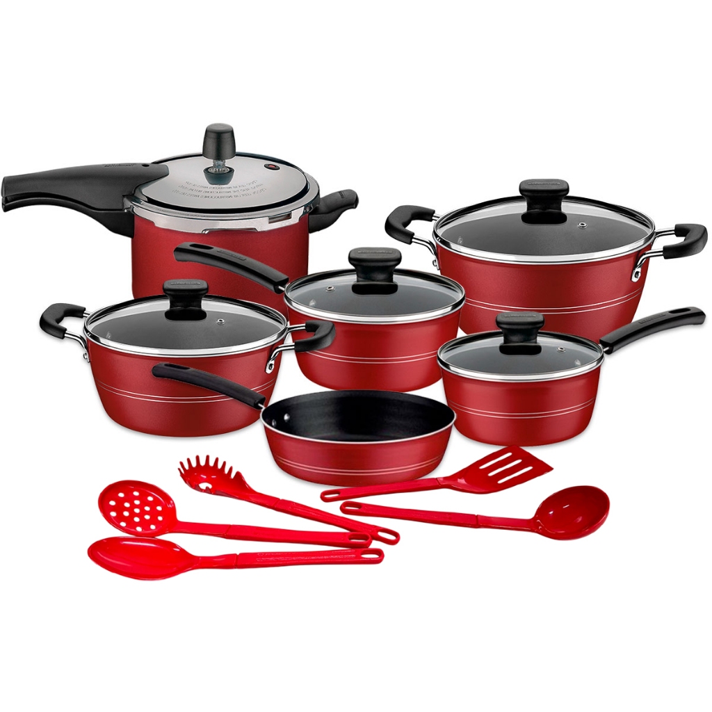 Jogo de Panelas Tramontina Antiaderente 11 Peças Sicília Vancouver Vermelho em Oferta na Shopee