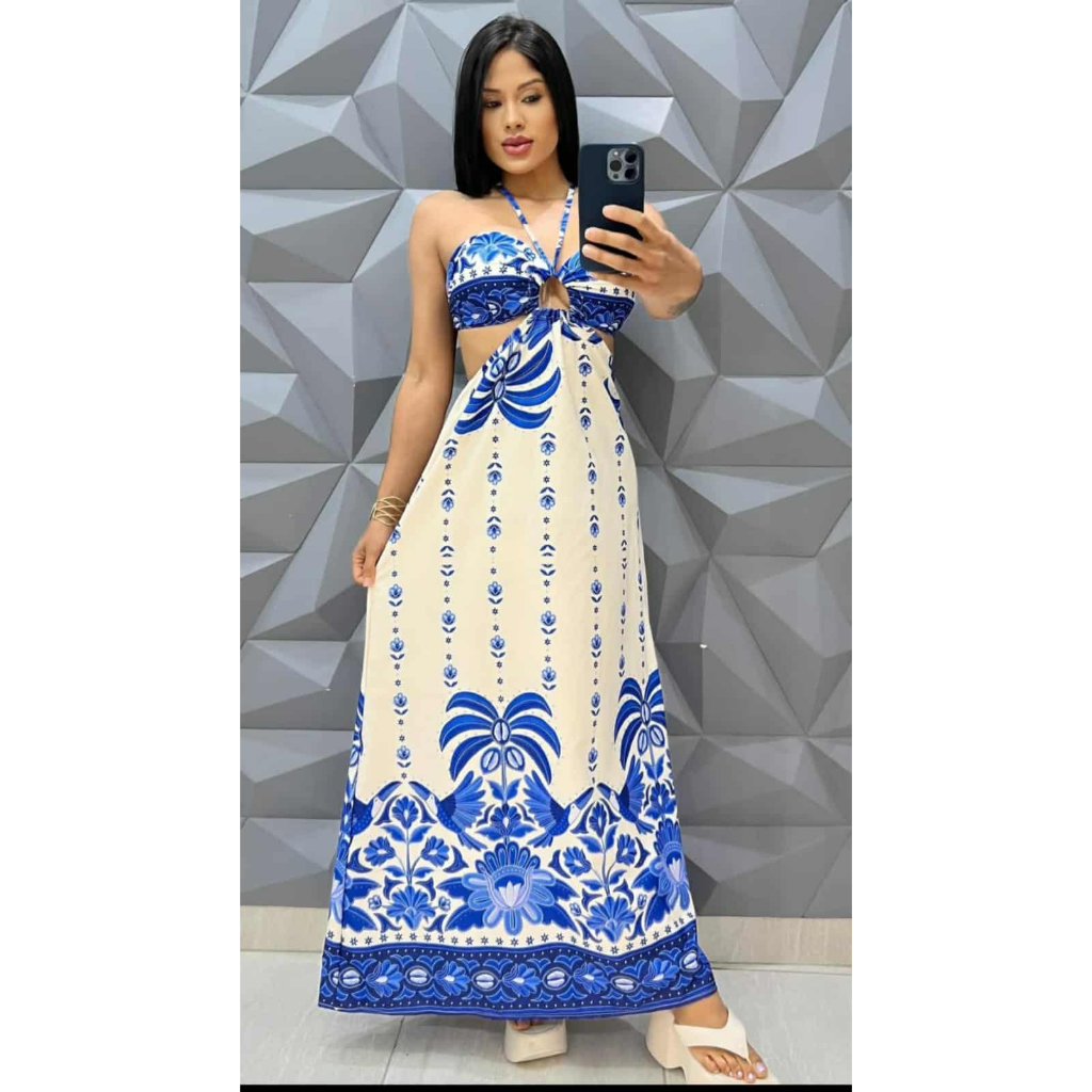 VESTIDO LONGO ESTAMPADO COM BOJO FEMININO em Oferta na Shopee