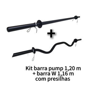Kit barra reta body pump 1,20m + barra W 1,16m com presilhas academia musculação