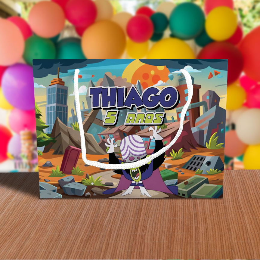 Sacolinha de Festa Meninas Superpoderosas Macaco Louco Lembrancinha Personalizada Kit Festa Sacola Deitada Reta