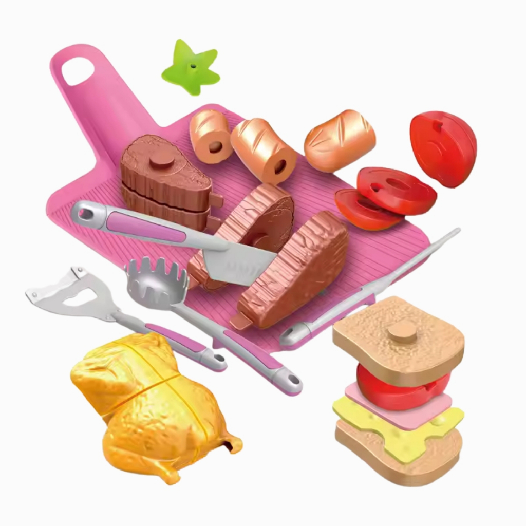 Brinquedo Tábua De Cortar Alimentos Utensílios Carnes De Encaixe Faz de Conta Mini Chef Culinário