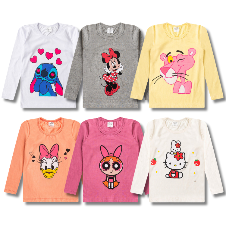 Kit Sortido 4 Blusa Manga Longa Feminina/Menina Estampada Infantil Juvenil Inverno - Manga Comprida