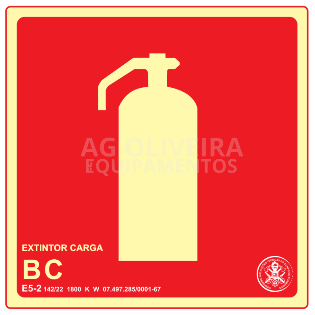 Placa de Sinalização Fotoluminescente E5.2 Extintor Pó Químico BC Normativa Bombeiro 19x19 cm