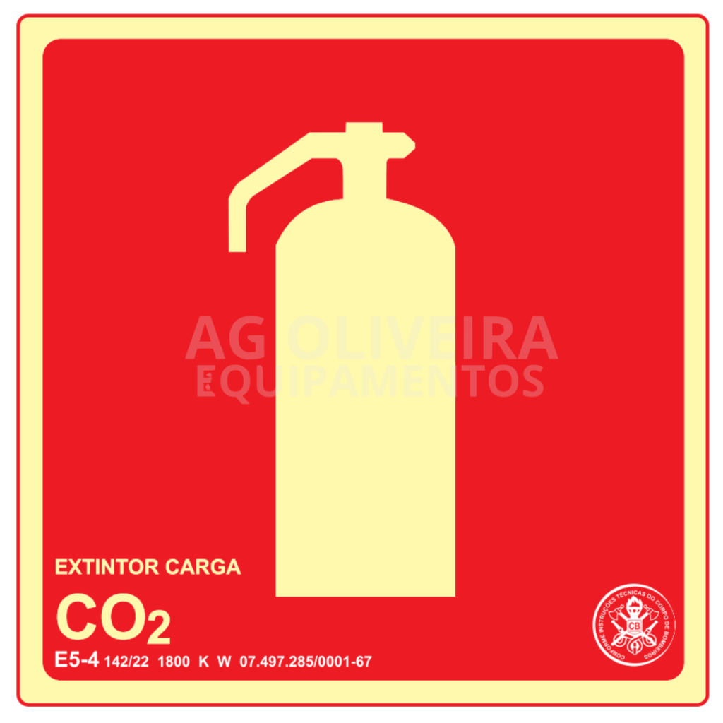 Placa de Sinalização Fotoluminescente E5.4 Extintor CO2 Normativa Bombeiro 19x19 cm