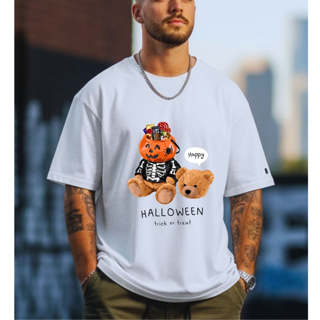 Camisa Branca Básica 100% Algodão  Masculina E Feminina Estilo Urbano -  Halloween Urso Abóbora