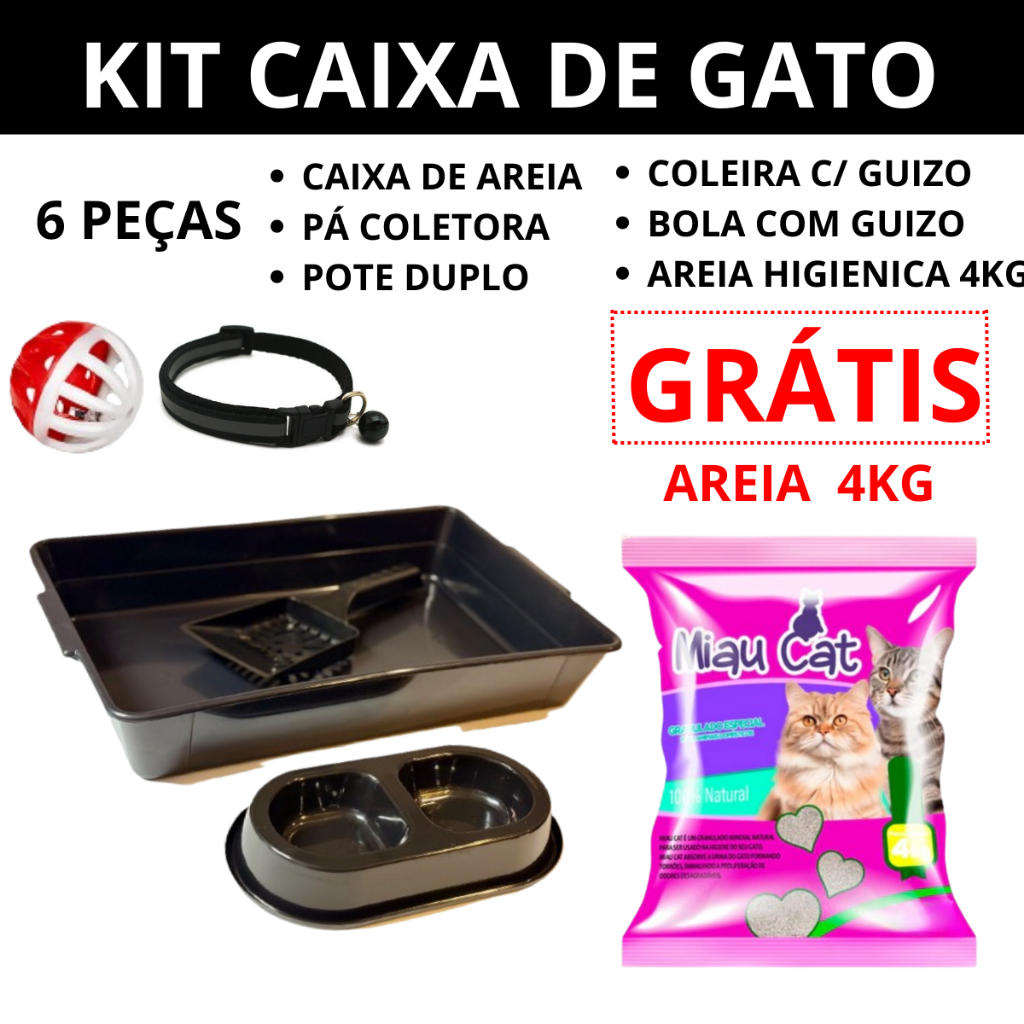 CAIXA DE AREIA PARA GATO + AREIA 4KG BRINDE  - KIT - COMEDOURO + BEBEDOURO + PÁ + COLEIRA + BOLINHA em Oferta na Shopee
