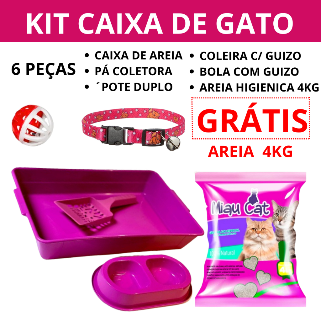 Kit Completo Gato 6 Peças Premium Bandeja, Bebedouro, Comedouro, Coleira, Pá, Brinquedo e Areia 4Kg em Oferta na Shopee