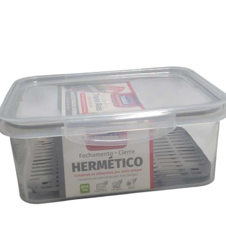 Pote Retangular Hermético Escorredor Plasútil Trava Mais 2,6L Organização Geladeira Cozinha