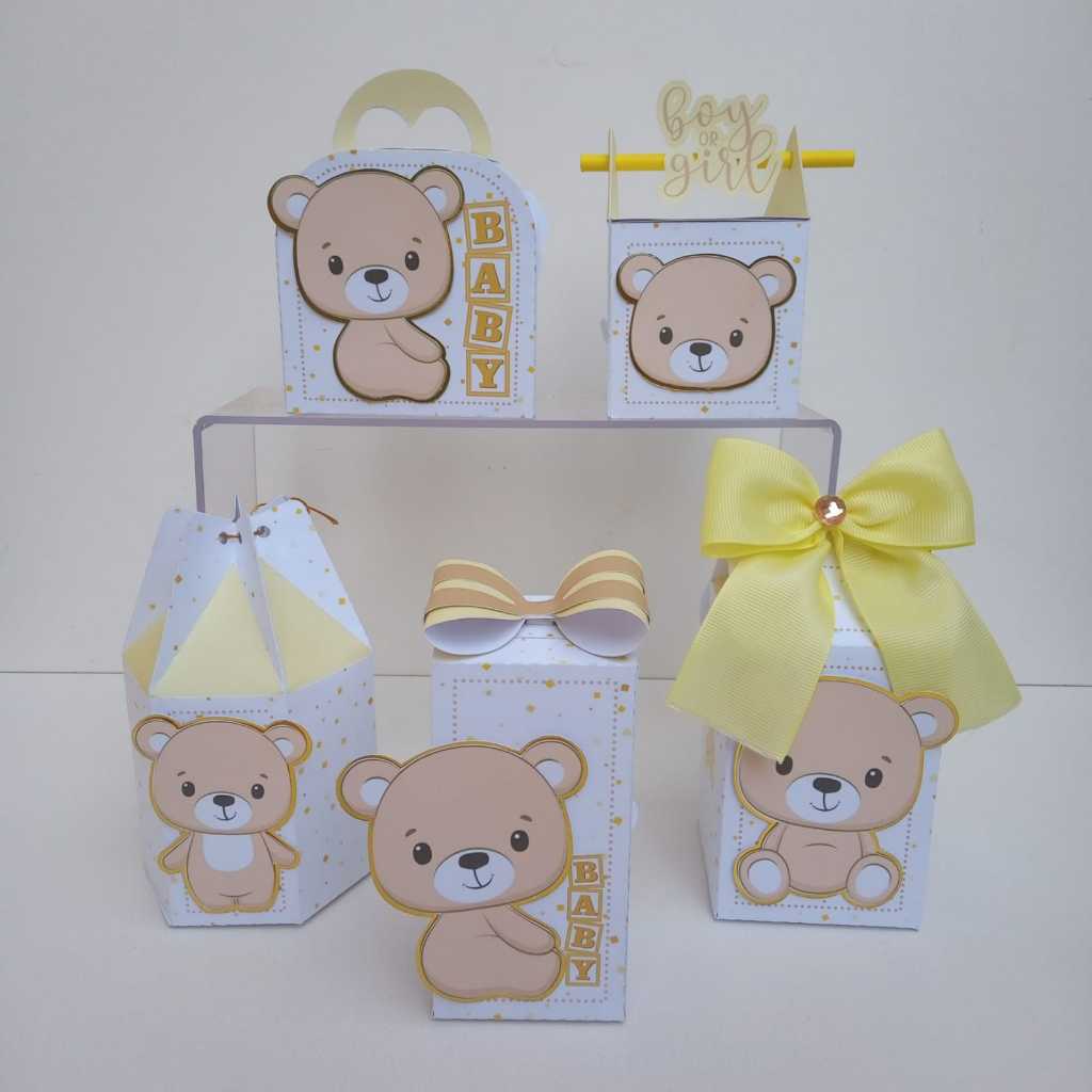 Kit Caixas personalizada com aplique chá Revelação /chá de bebê /Aniversário /Festa infantil /Lembrancinha /Ursinho