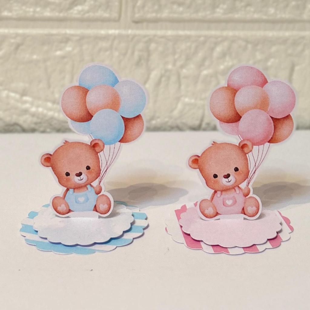 Aplique em pé 5x5 Chá Revelação Ursinho Rosa e Azul Balão  - Personalizados - Lembrancinha - Caixa Acrílica