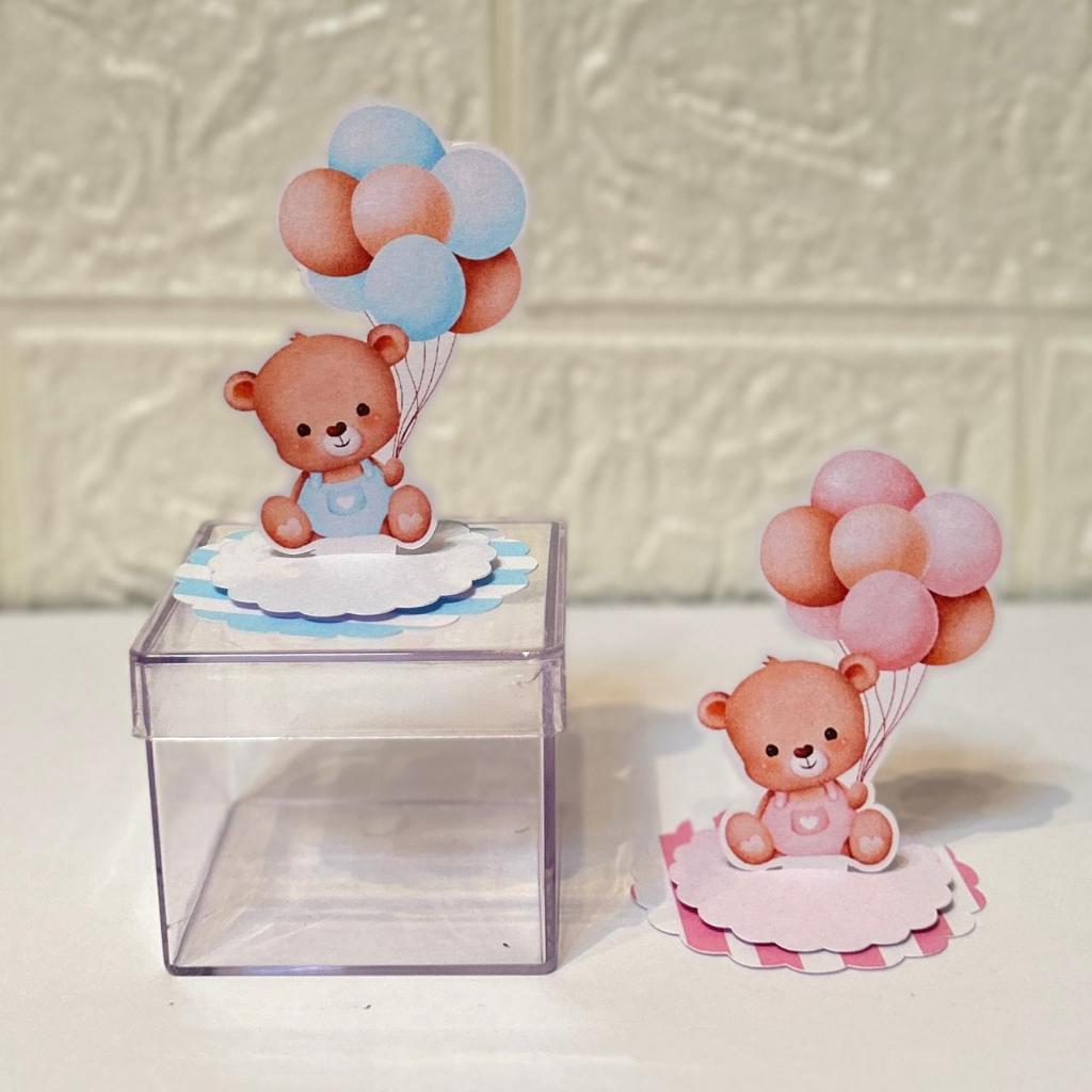 Aplique em pé 5x5 Chá Revelação Ursinho Rosa e Azul Balão  - Personalizados - Lembrancinha - Caixa Acrílica