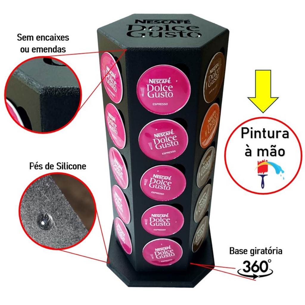 Torre DOLCE GUSTO Giratória Suporte Organizador 30 Cápsulas Cantinho Café Porta Capsulas PRETO MDF