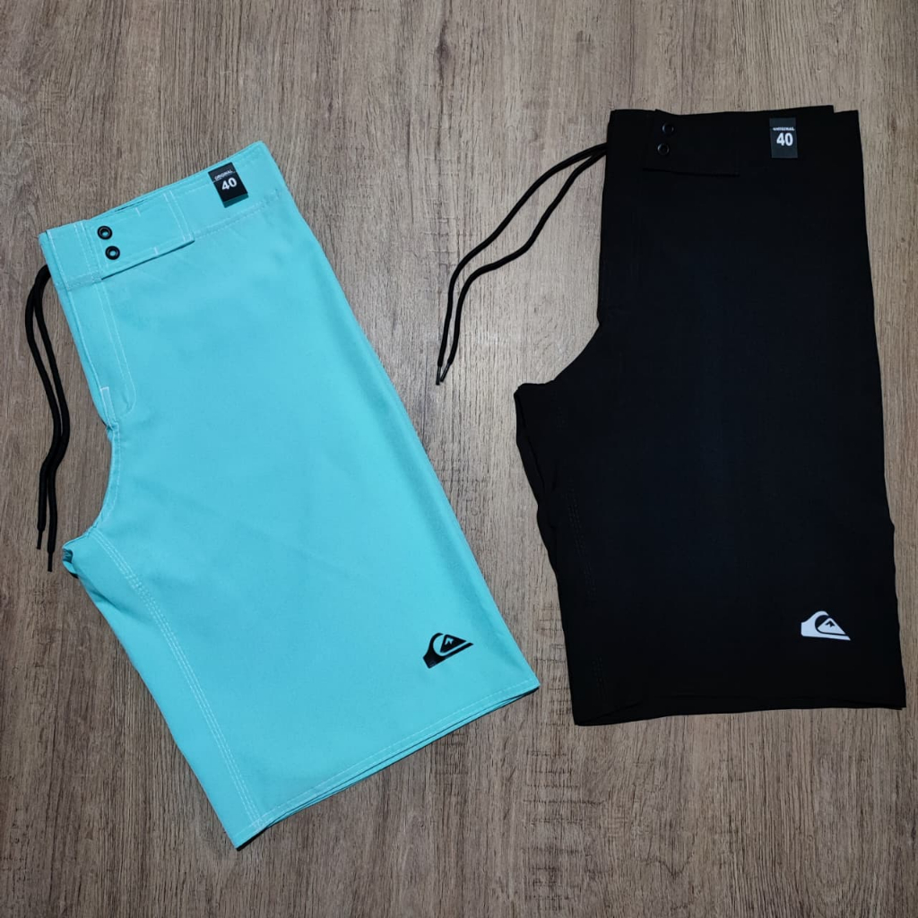 Kit com 2 Bermudas Elastano Tactel Preta/Verde Água Lisa Praia Seca Rápido Lisa