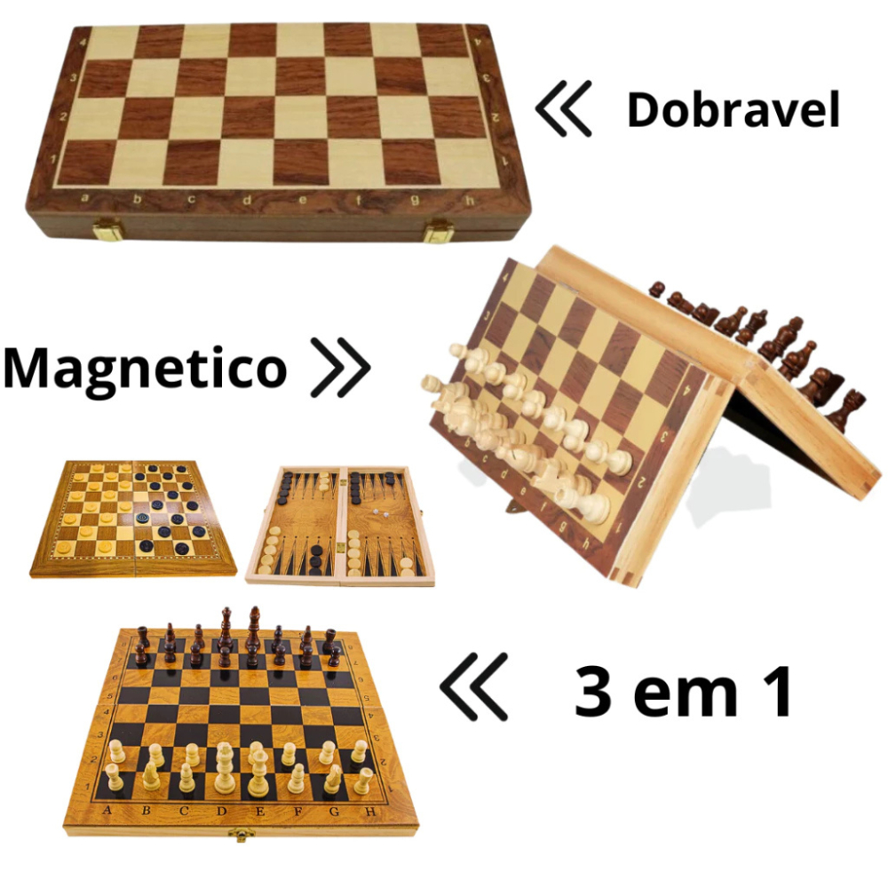 Jogo Tabuleiro 3 EM 1 Xadrez Dama Gamao Em Madeira Magnetico Profissional 24X24
