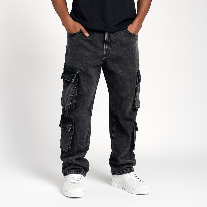 Modelo Novo  Calça Cargo Masculina Jeans Preto Lavado Estonado Original  Reta Solta 8 Bolsas em Oferta na Shopee