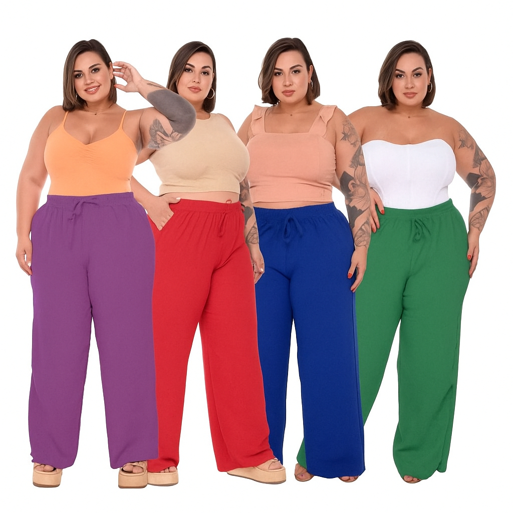 Calça Pantalona Feminina Plus Size Cintura Alta com Elástico, Bolso Funcional em Tecido Duna Premium