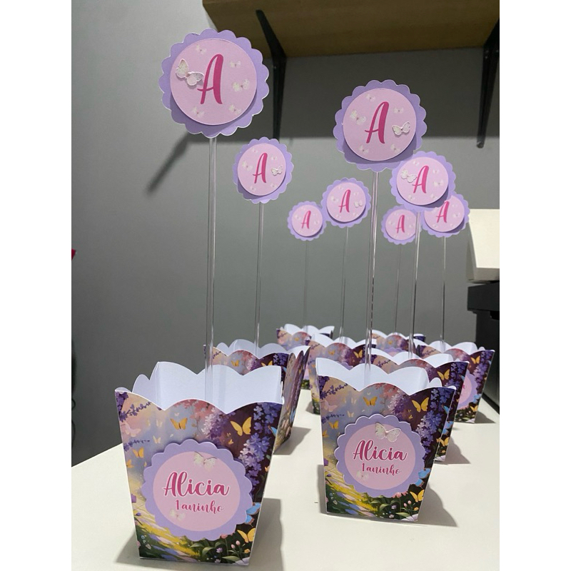 Kit 10 Centro de mesa personalizado Jardim das Borboletas aniversário Festa Lembrancinha personalizada
