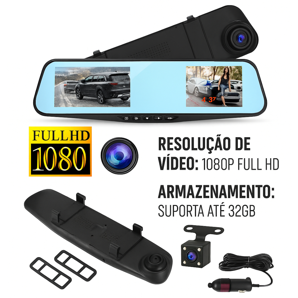Retrovisor Automotivo com Câmera de Ré e Frontal 170° 1080P Full HD – Suporta até 32GB