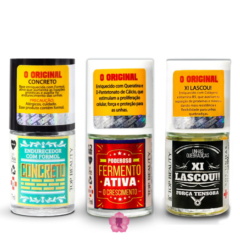 Kit 3 Bases Concreto + Fermento + Xi Lascou Sos Unhas Top Beauty
