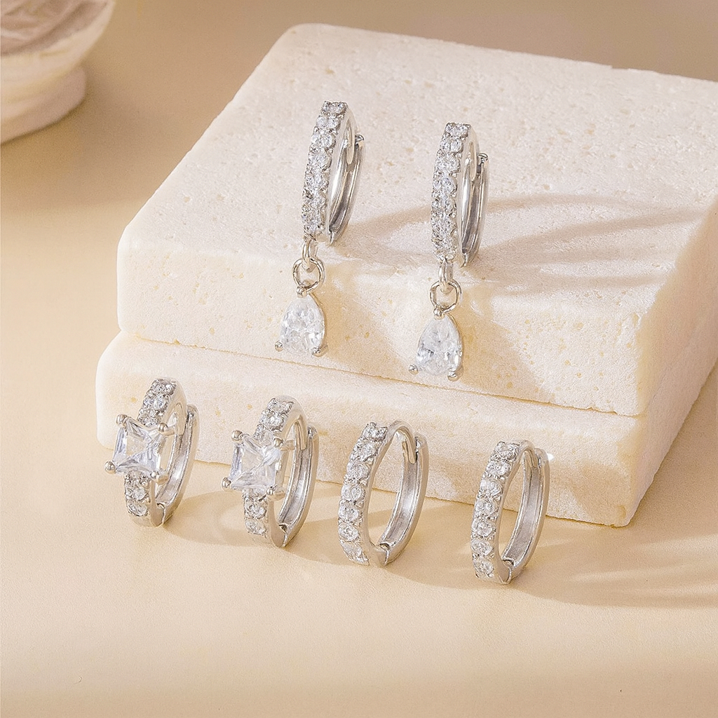 3 pares de brincos de prata 925 de luxo femininos de alta qualidade com zircônia e banho de ouro 18K