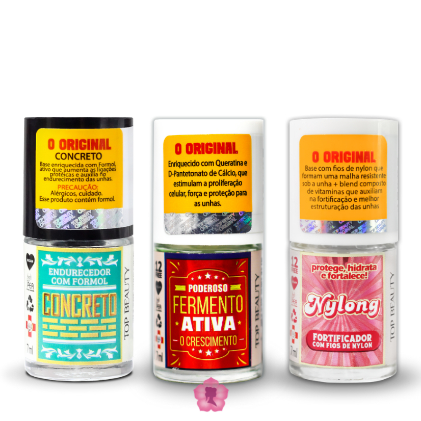 Kit Com 3 Bases Concreto + Fermento + Nylong  Sos Unhas Top Beauty