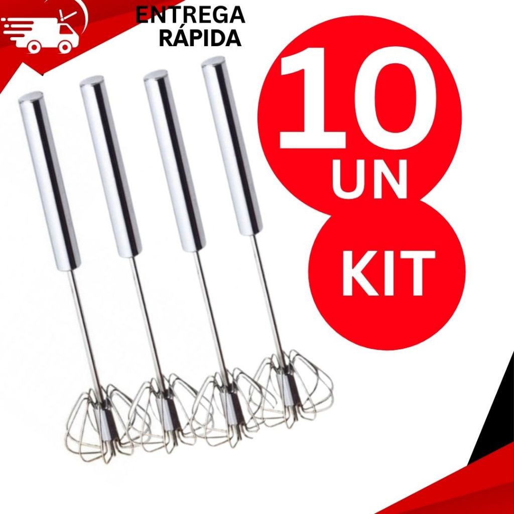KIT 10 Batedor De Ovos Clara Neve Fouet Misturador Mixer Semi Automático Manual Giratório Profissional