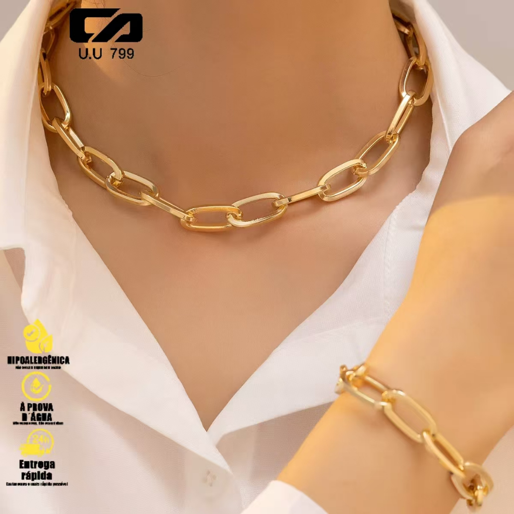 Conjunto Minimalista Feminino – Colar e Pulseira com Corrente Retangular em Ouro 18K em Oferta na Shopee