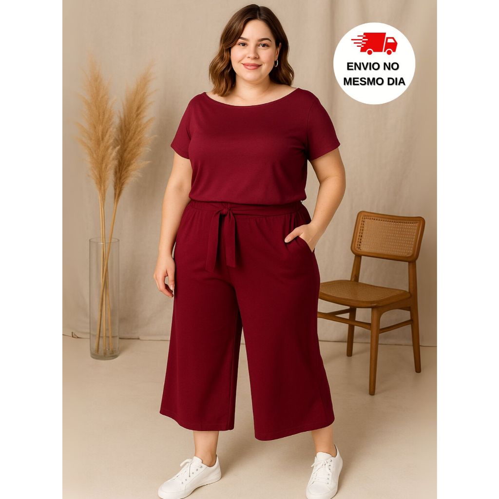 Conjunto Pantacourt Plus Feminino casual com manga curta | 🚚 ENVIO IMEDIATO em Oferta na Shopee