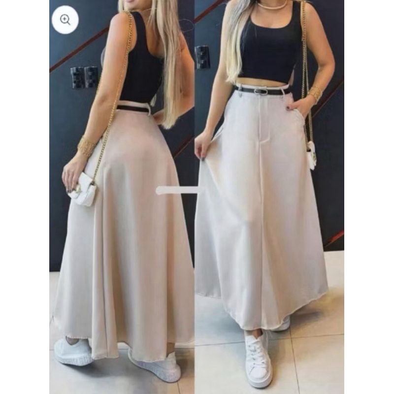 Saia Longa Rodada Feminina Alfaiataria Moda Evangélica Casual Básica Cintura Alta Elegante Tendência em Oferta na Shopee