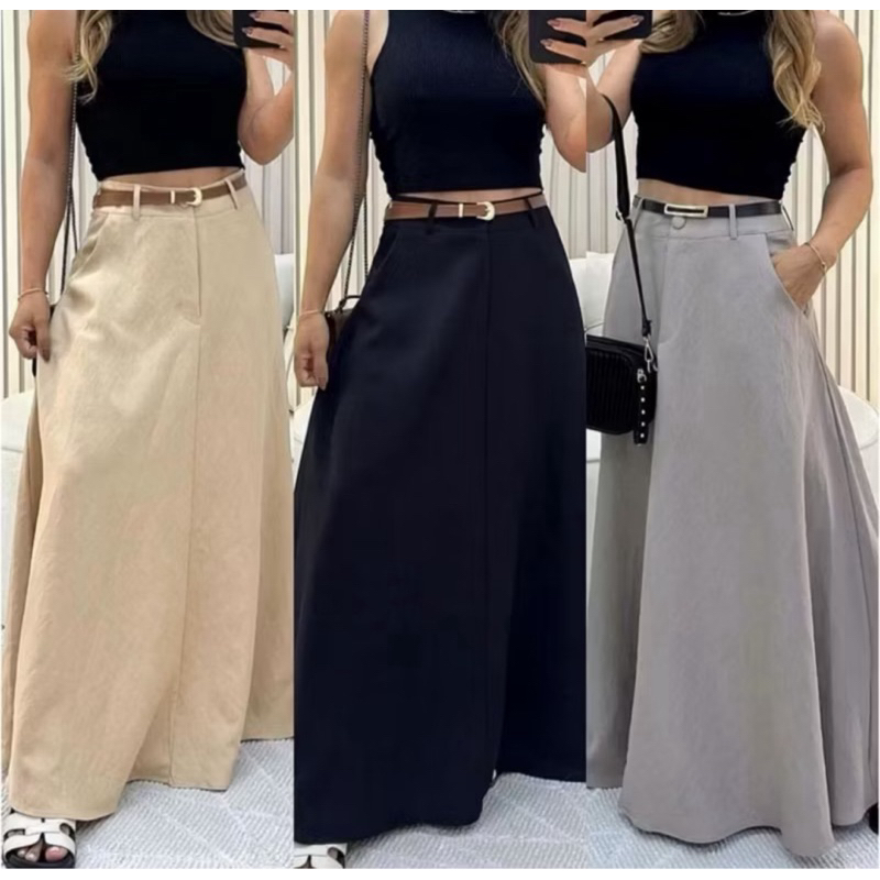 Saia Longa Rodada Feminina Alfaiataria Moda Evangélica Casual Básica Cintura Alta Elegante Tendência