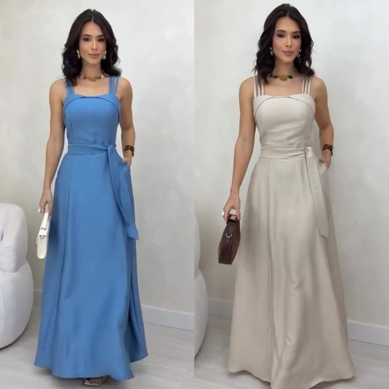 Vestido longo com bojo, bolso, elastex nas costas com cinto.             (A0011) em Oferta na Shopee