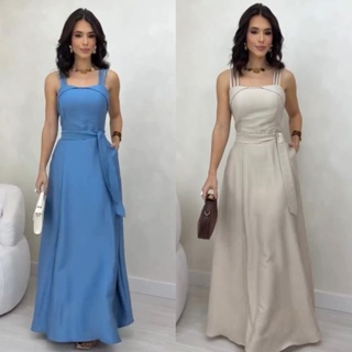 Vestido longo com bojo, bolso, elastex nas costas com cinto.             (A0011) em Oferta na Shopee