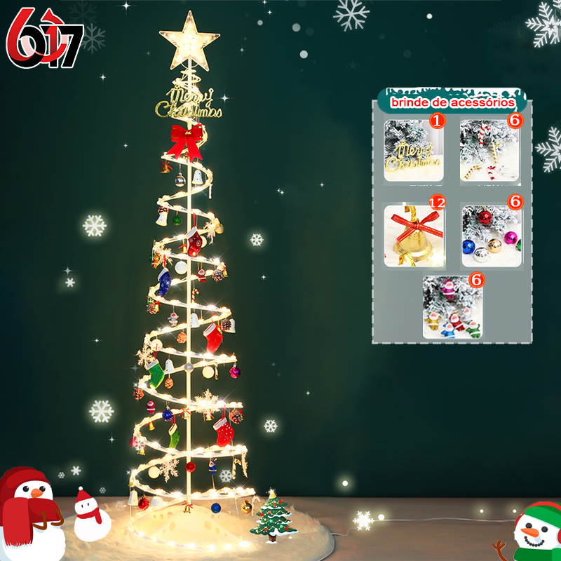 Árvore de Natal espiral LED 1,8 m dobrável 110/220V conjunto Papai Noel com enfeites pendurados N10