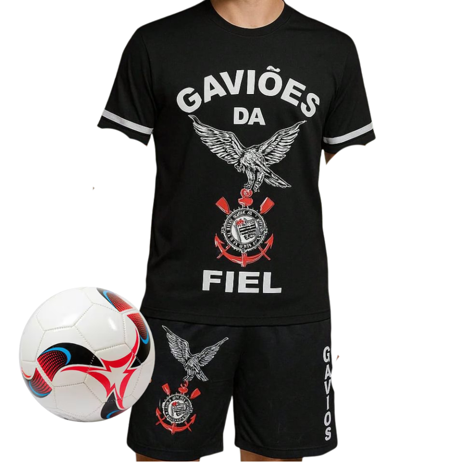 CONJUNTO INFANTIL CAMISA E BERMUDA GAVIÃO+ BOLA FUTEBOL KIT