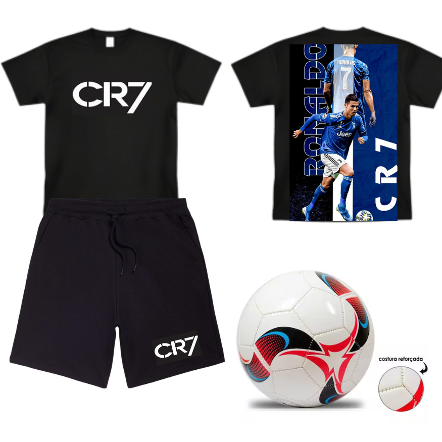 CONJUNTO INFANTIL CAMISA E BERMUDA CRAQUE CR 7 + BRINDE BOLA DE FUTEBOL