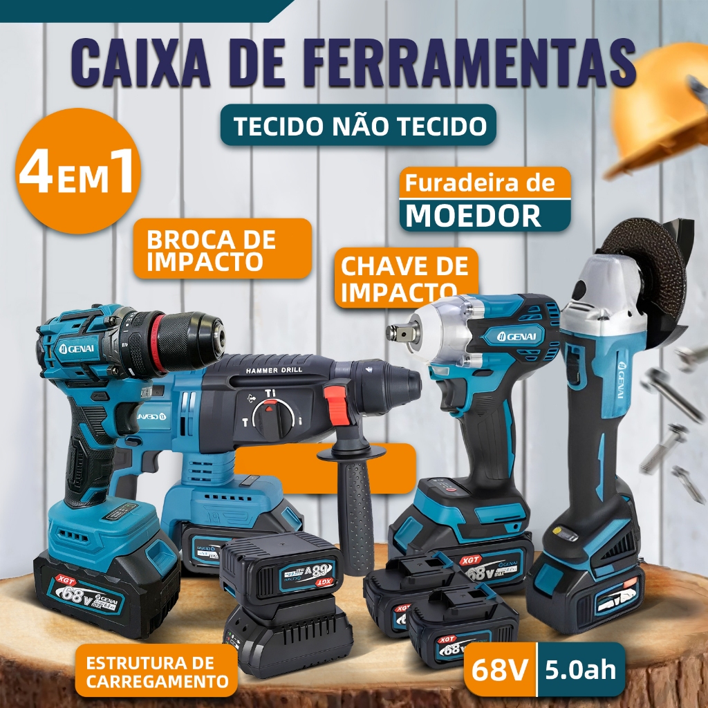 🔥【GENAI】🔥Kit de ferramentas 4 em 1 Furadeira, Chave de fenda/Chave de impacto/Amolador/Martelo 2 baterias de 68 V Caixa em Oferta na Shopee