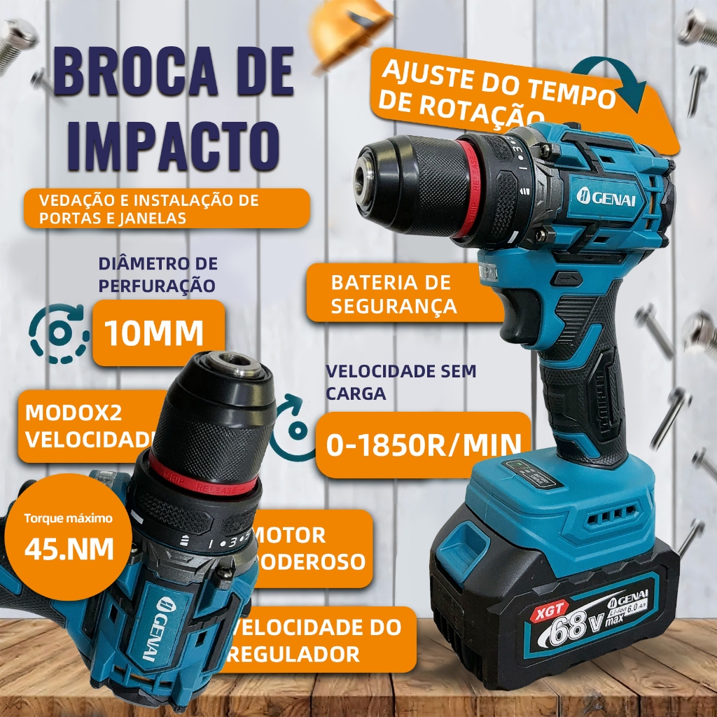 Kit 4em1 Martelete Esmerilhadeira Parafusadeira Chave1/2 68V — imagem 2 de 2
